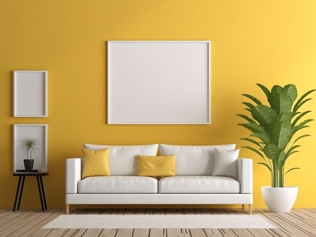 Design d'intérieur de salon jaune minimaliste avec maquette de cadre photo blanc vierge AI générative