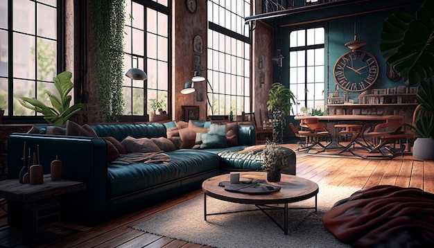 Design d'intérieur d'un salon loft dans un style industriel à l'aide de l'IA générative