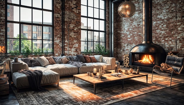 Design intérieur de salon loft moderne avec cheminée, canapé et fauteuils