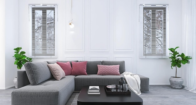 Design d'intérieur de salon minimal avec canapé, fenêtres, table, fond blanc, rideaux