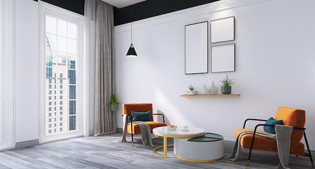 Design d'intérieur de salon minimal avec maquette de cadre à trois affiches, canapé, table, fenêtres, rideaux