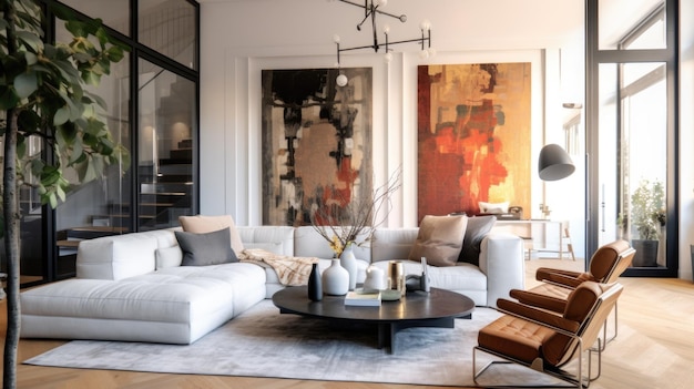 Un design d'intérieur de salon minimal et moderne avec un plafond élevé avec une couleur de ton blanc Generative AI AIG27