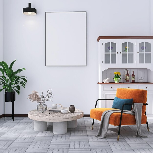 Design d'intérieur de salon moderne avec cadre d'affiche vierge maquette canapé table basse mur blanc
