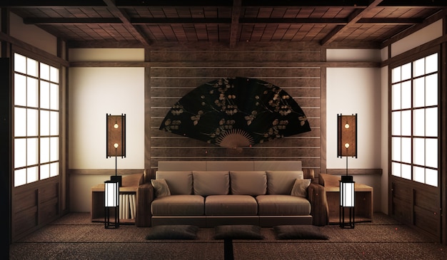 design d&#39;intérieur, salon moderne avec canapé sur tatami et japonais traditionnel