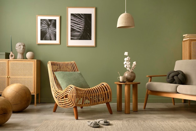 Design d'intérieur de salon moderne avec fauteuil en rotin, cadres de maquette de commode en bois et accessoires élégants Modèle Copie espacexD