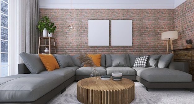 Design d'intérieur de salon moderne avec maquette de cadre à deux affiches, canapé, table basse, mur de briques