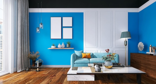 Design d'intérieur de salon moderne avec maquette de cadre à trois affiches, canapé, table basse, mur bleu