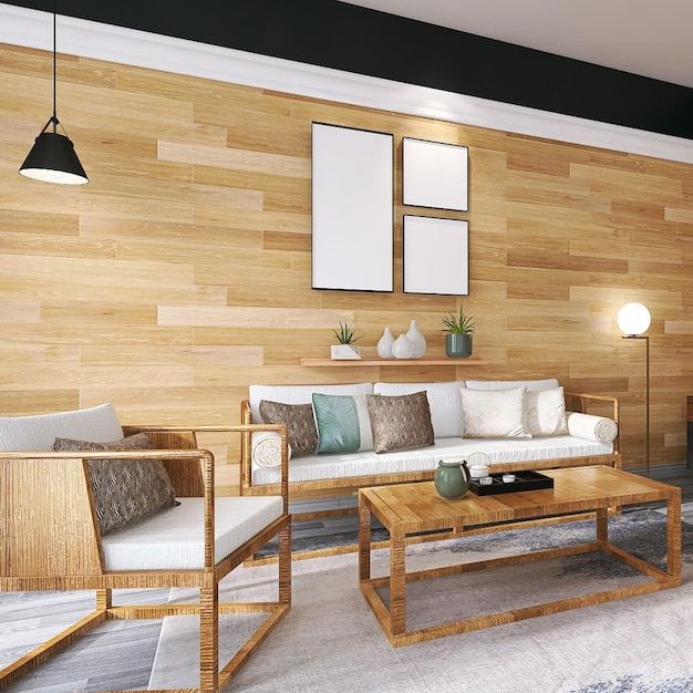 Design d'intérieur de salon moderne avec maquette de cadre à trois affiches, ensemble de canapé vintage, mur en bois