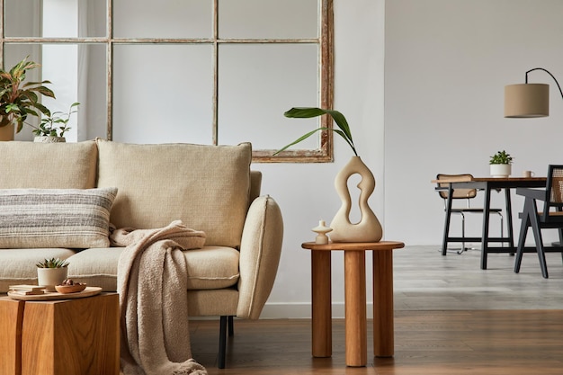 Design d'intérieur de salon moderne avec des plantes de table d'appoint en bois de canapé beige et des accessoires créatifs Espace de copie de modèle Salle à manger en arrière-plan