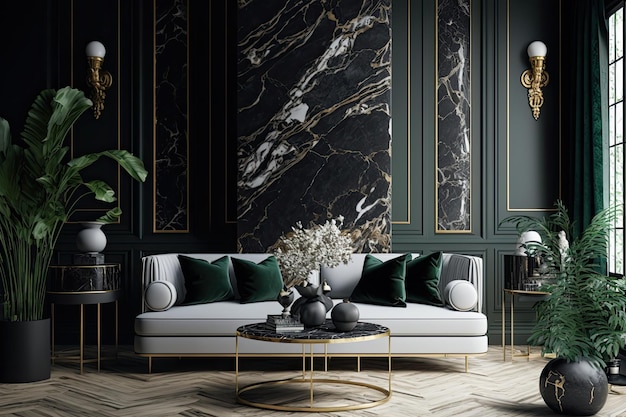 Design d'intérieur d'un salon opulent contemporain avec un fond en marbre et motif noir