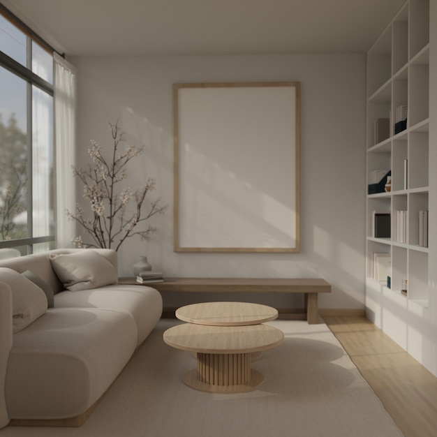Design d'intérieur d'un salon scandinave minimaliste avec une grande maquette de cadre sur le mur blanc