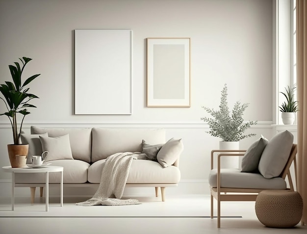 Design d'intérieur de salon scandinave minimaliste avec petite maquette d'affiche vierge