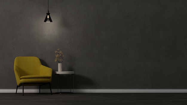 Design d'intérieur de salon sombre élégant avec fauteuil confortable jaune à la mode rendu 3d