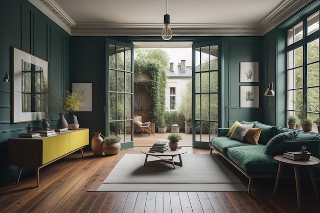 Design d'intérieur de salon vert avec canapé, table à café et plantes génératives ai