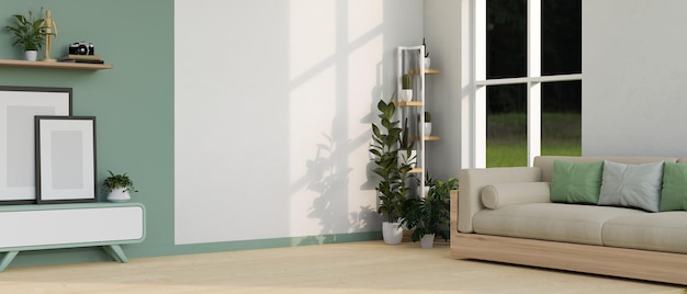 Design d'intérieur de salon vert confortable et moderne avec armoire élégante et canapé confortable