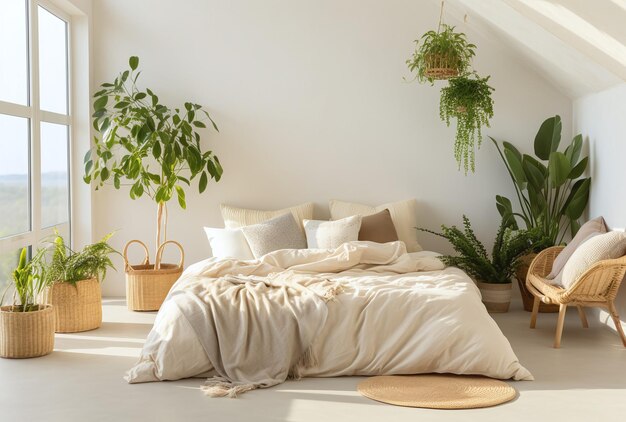 Design d'intérieur scandinave d'une chambre à coucher moderne avec un mur blanc