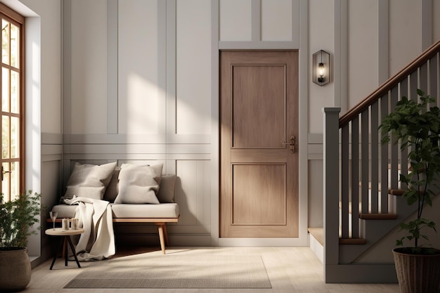 Design intérieur scandinave d'un hall d'entrée moderne avec des escaliers et des accents en bois