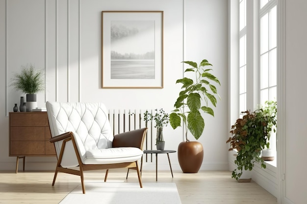 Design d'intérieur scandinave luxueux salon blanc avec fauteuil en cuir marron salon chaleureux avec un décor de plante de maquette de mur brillant près d'un canapé sur une illustration de plancher en bois