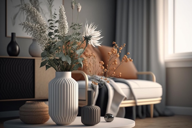 Photo design d'intérieur scandinave d'un salon avec un vase de fleurs et des accessoires personnels élégants ai art