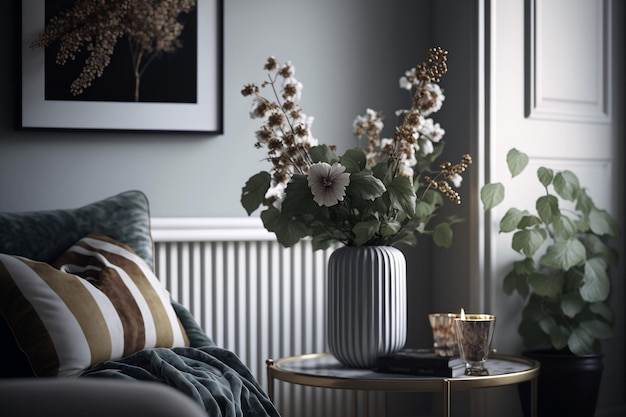 Design d'intérieur scandinave d'un salon avec un vase de fleurs et des accessoires personnels élégants AI Art