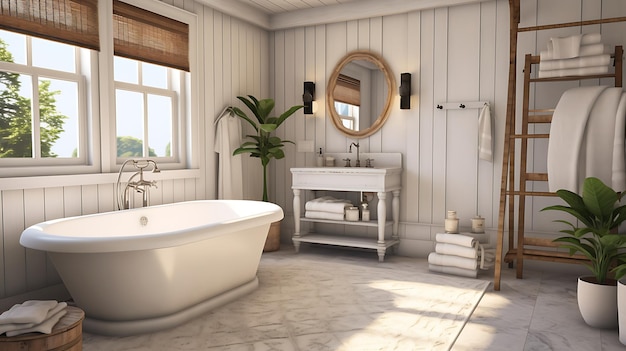 Photo design intérieur simple salle de bain bois boho blanc et beige