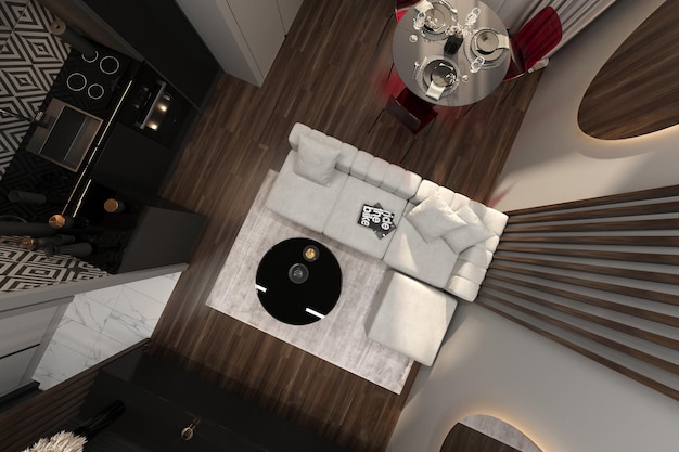Design d'intérieur sombre et moderne et élégant d'un petit appartement confortable, meubles rembourrés à la mode, éclairage encastré, cuisine chic et table à manger avec des chaises à la mode en vue de dessus