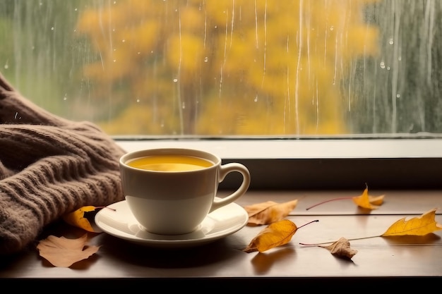 design d'intérieur tasse de thé d'automne café chocolat et feuilles sèches jaunes près d'un espace de copie de fenêtre boisson chaude pour les jours de pluie froids d'automne concept hygge humeur d'automne