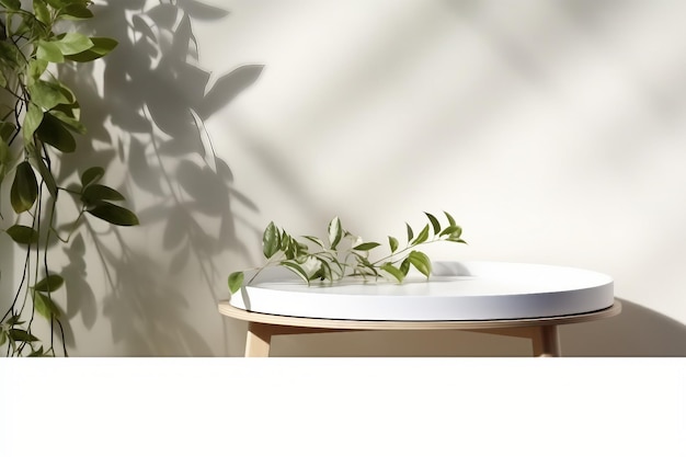 design d'intérieur vide plateau de table blanc propre podium avec des feuilles vertes plantes soufflant des rideaux beau feuillage feuilles ombre sur mur blanc blanc fond beauté produits de soins de la peau affichage