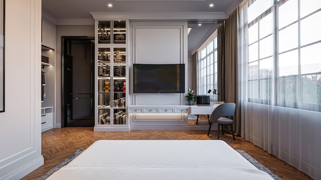Design d'intérieur de villa d'hôtel de chambre à coucher moderne de rendu 3d