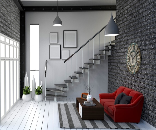 Design d&#39;intérieur vivant de style loft moderne. Rendu 3d