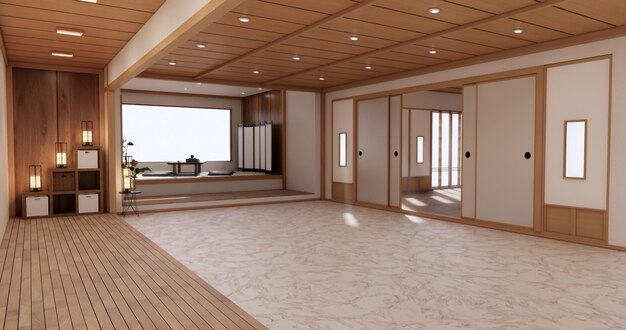 Design d'intérieur de yoganettoyage de la chambre minimaliste rendu 3D de style japonais