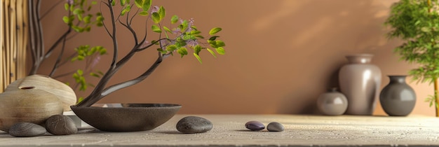 Photo design d'intérieur zen minimaliste dans des tons chauds avec des éléments naturels et un éclairage de fenêtre interiors relaxants espaces de méditation