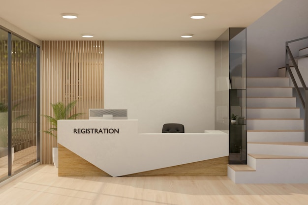 Design intérieur d'une zone d'accueil moderne d'un hôpital ou d'une clinique avec un comptoir d'enregistrement