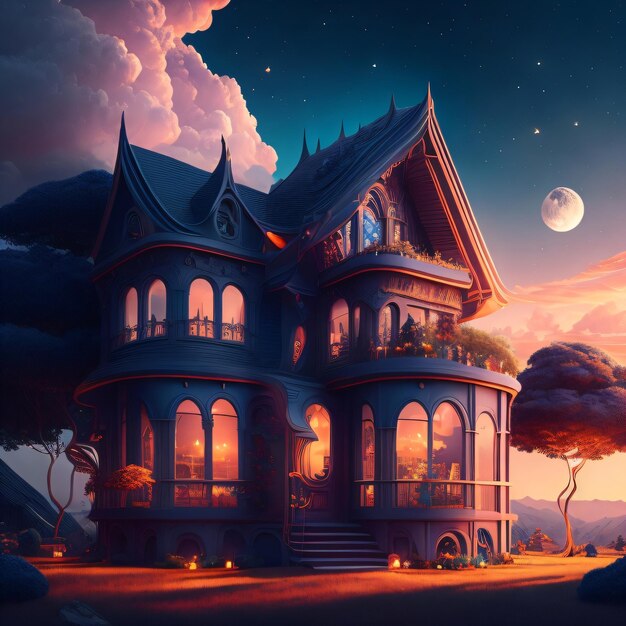 Photo design de maison fantastique avec la lune et le ciel