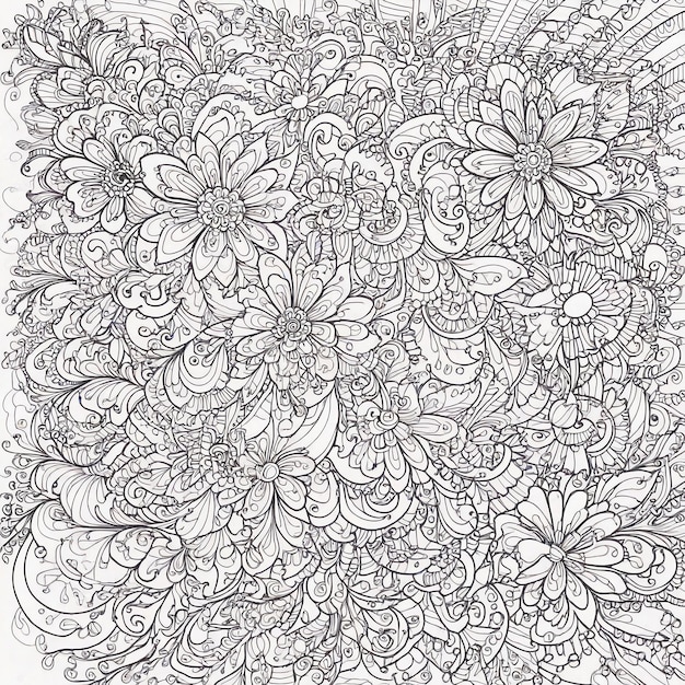 Design de mandala à la ligne de fleurs en noir et blanc