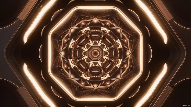 Design de mandala octogonal de science-fiction futuriste avec des lumières brunes et dorées