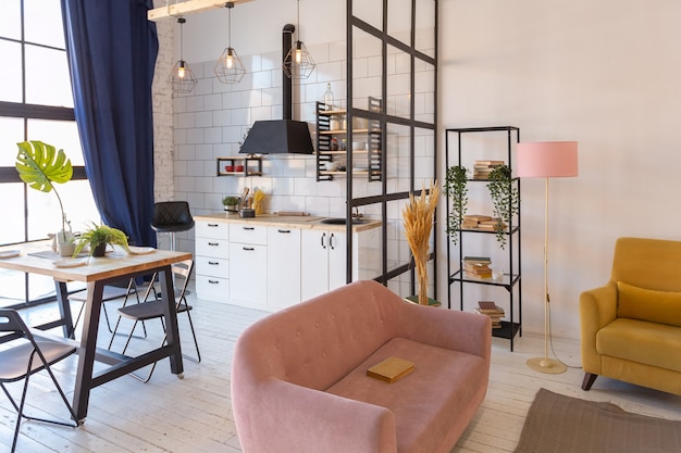 Design moderne de luxe d'un petit studio confortable de style scandinave