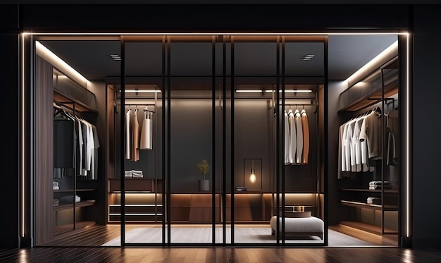 Design moderne de luxe de walk in closet avec cadre inoxydable armoire en bois générative AI