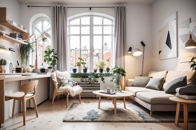 Design moderne et luxueux d'un petit studio confortable de style scandinave
