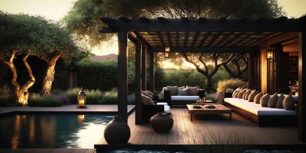 Design moderne de la terrasse de la maison avec vue sur le jardin