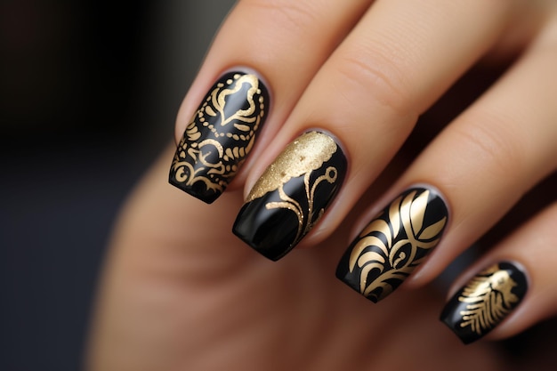 design nail art doré et noir avec des accents dorés