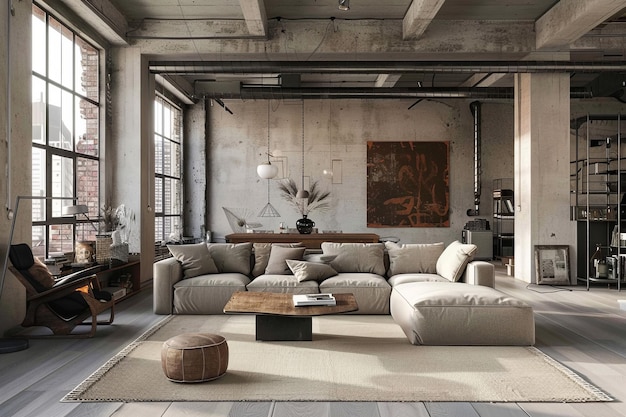 Design neutre beige intérieur de maison de style industriel et salon moderne