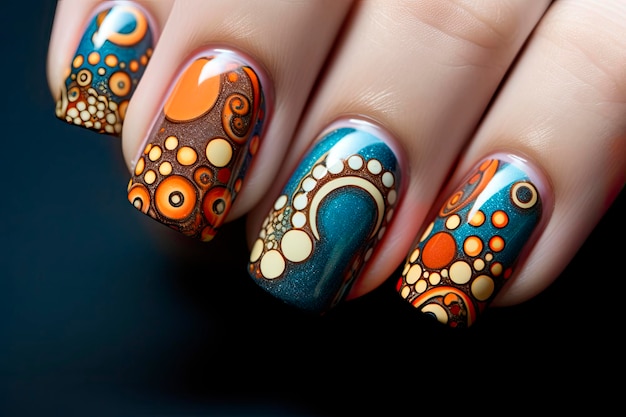 Le design orange et bleu de l'art des ongles abstrait et vibrant