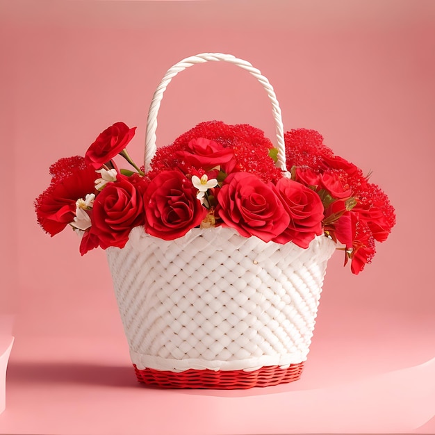 Design de panier blanc réaliste avec des fleurs rouges à fond rouge doux en 8K