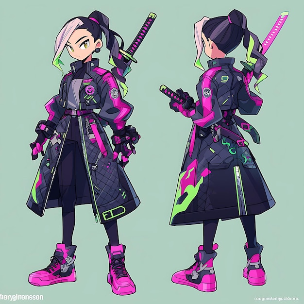 Design de personnages d'anime Femme Cyberpunk Ninja Mode de mariage Costume de haute technologie Un concept artistique