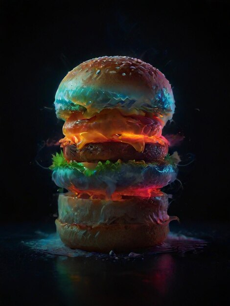 Photo design photoréaliste d'un grand hamburger non assemblé en lévitation sur un fond noir