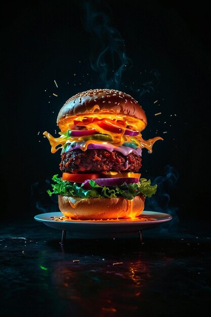 Design photoréaliste d'un grand hamburger non assemblé en lévitation sur un fond noir