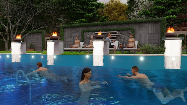 Design de piscine Zone d'assise Corner de barbecue Renderisé en 3D