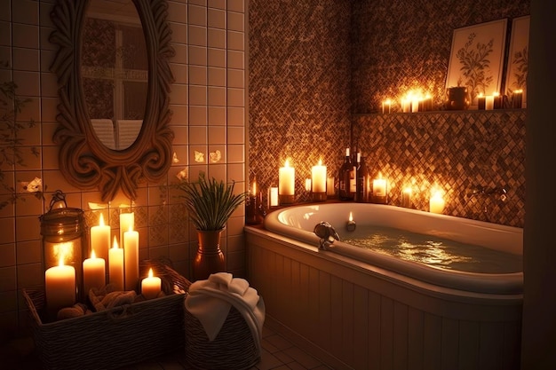 Design romantique confortable à l'intérieur de la salle de bain aux chandelles avec des carreaux bruns générative ai