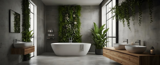 Photo design de salle de bain inspiré de la nature avec des planteurs botaniques et des vignes de jasmin pour une atmosphère rafraîchissante